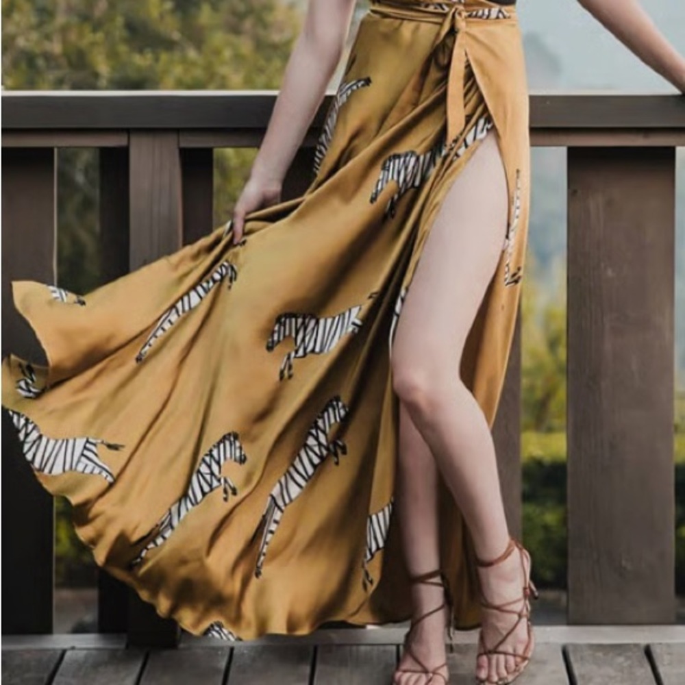 8. Sukiso Mustard Zebra Graphic Yellow Wrap Skirt